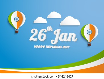 Greeting Card design with National color Text India on sky blue background for Happy Republic Day celebration