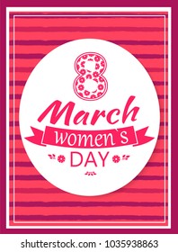 Greeting card design in oval frame 8 March day postcard with flourish elements, calligraphic inscription and text written on ribbon vector illustration