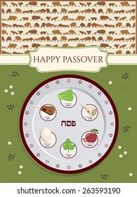 Greeting card design for Passover vector template. Jewish Spring holiday greeting card / poster. Matzo pattern background, traditional plate with Passover symbols for Seder Table. Layered, editable