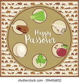 Greeting card design for Passover vector template. Jewish Spring holiday greeting card / poster. Matzo pattern background, treats traditional for Passover Seder Table. Layered, editable. Sample text