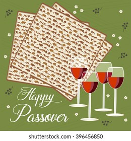 Greeting card design for Passover vector template. Jewish Spring holiday greeting card / poster. Matzo pattern background, four red wine glasses traditional for Passover Seder Table. Layered, editable