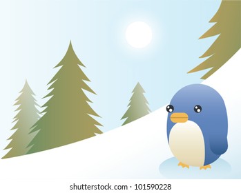 Greeting card design, a penguin on a ski slope. Eps 10 Vector.