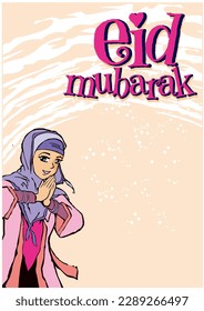 Greeting Card Design  with Phrase Eid Mubarak and Illustration Girl Wearing Purple Veil and Fashionable Attire Do Greeting Gesture with Clasped Hands