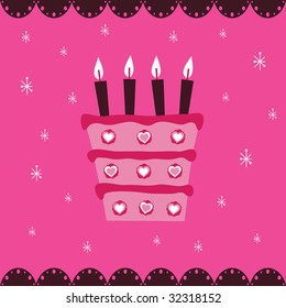 greeting card design in pink, with cake and candles