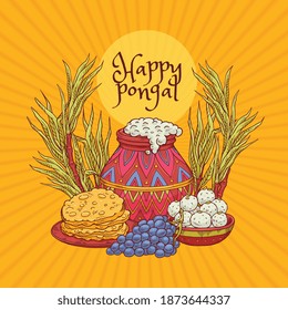 Greeting card design for pongal harvest indian holiday. Religious traditional festival in south india. Vector sketch illustration.