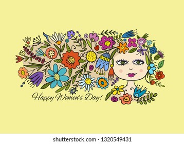 Greeting card design with pretty floral woman