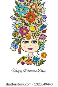 Greeting card design with pretty floral woman