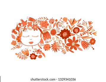 Greeting card design with pretty floral woman