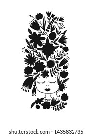Greeting card design with pretty floral woman
