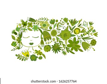Greeting card design with pretty floral woman. Vector illustration