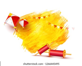 Greeting card design with realistic flying kites and string spools on white background for Makar Sankranti festival.