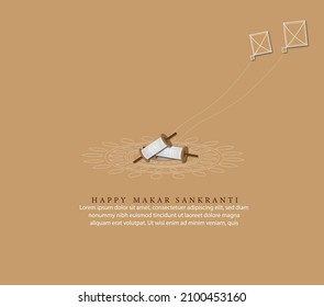 Greeting card design with realistic flying kites and string spools  for Makar Sankranti festival.