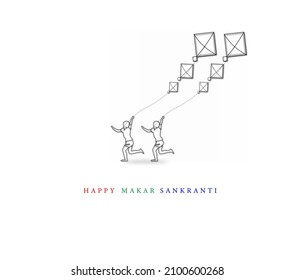 Greeting card design with realistic flying kites and string spools  for Makar Sankranti festival.