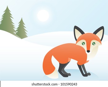 Greeting card design, a red fox at the edge of a forest. Eps 10 Vector.