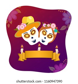 Greeting card design with skulls or calaveras and blank ribbon for your message on purple floral background for celebration concept.