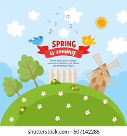 Greeting card design with spring landscape. "Spring is coming" message and place for your text. Sunny day with tree, blue sky, green meadow and mill.