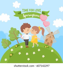 Greeting card design with spring landscape. "Time for love" message. Sweet couple kissing in the meadow. 