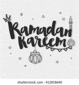 Greeting Card design with stylish text Ramadan Kareem and Islamic elements on grungy grey background.