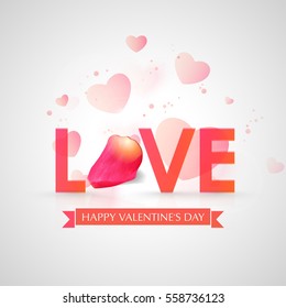 Greeting card design with stylish text Love on hearts decorated backgrond for Valentine's Day Celebration.
