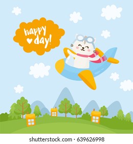 Greeting card design. Summer illustration with cute pilot. Cat fly in a airplane. Summer green landscape, mountains, houses. Happy day!