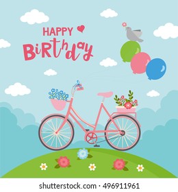 Greeting card design with summer landscape. Happy birthday letters, bike with balloon. Illustration for baby birthday, party, invitation.