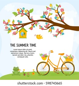 Greeting card design with summer landscape. "The summer time" message and place for your text. Sunny day with blossom tree, blue sky, green meadow and bike. 