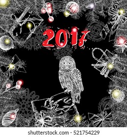 Greeting card design template with 2017 sign. New Year of the Rooster. Hand drawn background. Vector.