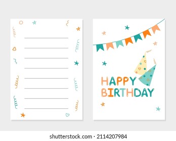 greeting card design template. birthday greetings. printable postcard, both sides. birthday party invitation. vector illustration isolated.