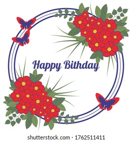 Greeting card design template. Bright Flower card with butterflies. Floral card for greetings or invitations. Decorative round frame of branches with leaves and flowers. Vector illustration