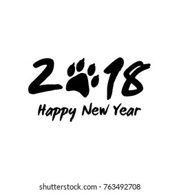 Greeting card design template with calligraphy for 2018 New Year of the Dog. Black number 2018 hand drawn lettering with dog trace isolated on white background. Vector illustration.