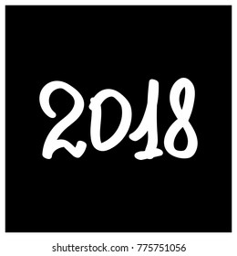 Greeting card design template with calligraphy for 2018 New Year. White number 2018 hand drawn lettering on black background. Vector illustration