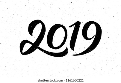 Greeting card design template with chinese calligraphy for 2019 New Year of the Pig. Black number 2019 hand drawn lettering on white vintage subtle grunge background. Vector illustration