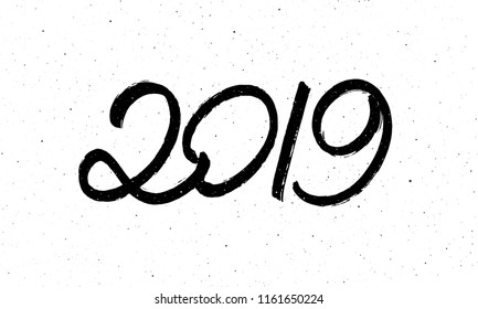 Greeting card design template with chinese calligraphy for 2019 New Year of the Pig. Black number 2019 hand drawn lettering on white vintage subtle grunge background. Vector illustration