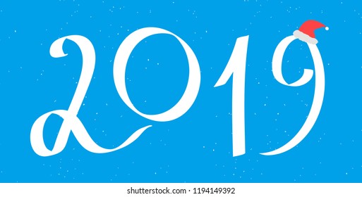 Greeting card design template with chinese calligraphy for 2019 with red hat New Year of the Pig. Black number 2019 hand drawn lettering on white vintage subtle grunge background. Vector illustration