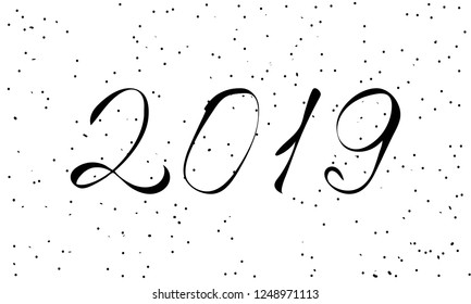 Greeting card design template with chinese calligraphy for 2019 New Year of the Pig. Black number 2019 hand drawn lettering on white vintage subtle grunge background. Vector illustration
