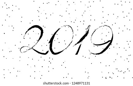 Greeting card design template with chinese calligraphy for 2019 New Year of the Pig. Black number 2019 hand drawn lettering on white vintage subtle grunge background. Vector illustration