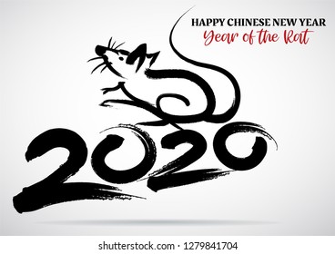 Greeting card design template with chinese calligraphy for 2020 New Year of the rat