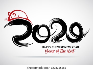 Greeting card design template with chinese calligraphy for 2020 New Year of the rat 
