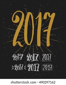 Greeting card design template with chinese calligraphy for 2017 New Year of the Rooster. Hand drawn lettering on vintage subtle grunge background. Vector illustration