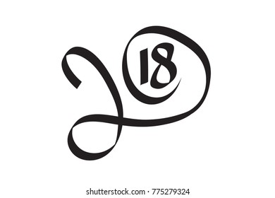 Greeting Card Design Template with Chinese Calligraphy for 2018. New Year of the Dog. Lettering 2018 hand drawn with black brush on white  background. Vector illustration.