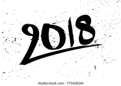 Greeting Card Design Template with Chinese Calligraphy for 2018. New Year of the Dog. Lettering 2018 hand drawn with black brush on white grunge background. 