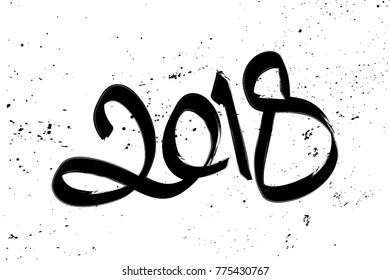 Greeting Card Design Template with Chinese Calligraphy for 2018. New Year of the Dog. Lettering 2018 hand drawn with black brush on white grunge background. 