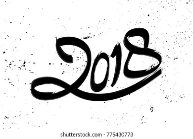 Greeting Card Design Template with Chinese Calligraphy for 2018. New Year of the Dog. Lettering 2018 hand drawn with black brush on white grunge background. 