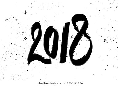 Greeting Card Design Template with Chinese Calligraphy for 2018. New Year of the Dog. Lettering 2018 hand drawn with black brush on white grunge background. 