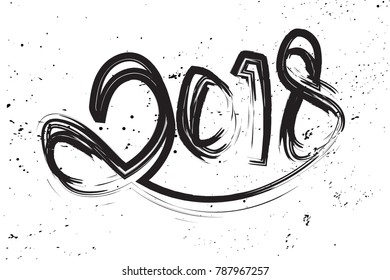 Greeting Card Design Template with Chinese Calligraphy for 2018. New Year of the Dog. Lettering 2018 hand drawn with black brush on white grunge background.