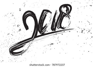 Greeting Card Design Template with Chinese Calligraphy for 2018. New Year of the Dog. Lettering 2018 hand drawn with black brush on white grunge background.