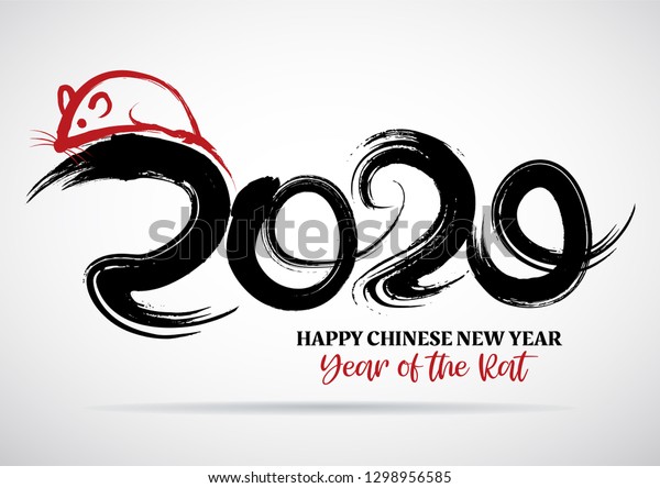 Greeting card design template with chinese\
calligraphy for 2020 New Year of the rat\
