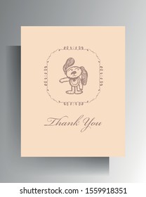 Greeting card design template. Cute hand-drawn character in pink pastel colors. Vector 10 EPS.