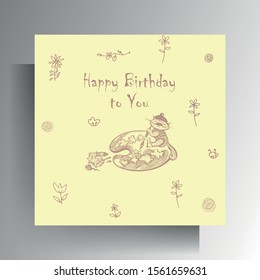 Greeting card design template. Cute hand-drawn character on a pastel yellow background. Vector 10 EPS.