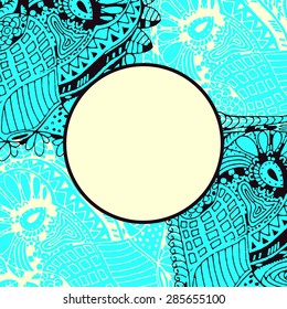 Greeting card design template. With doodle hand drawn background and circle frame for your text.